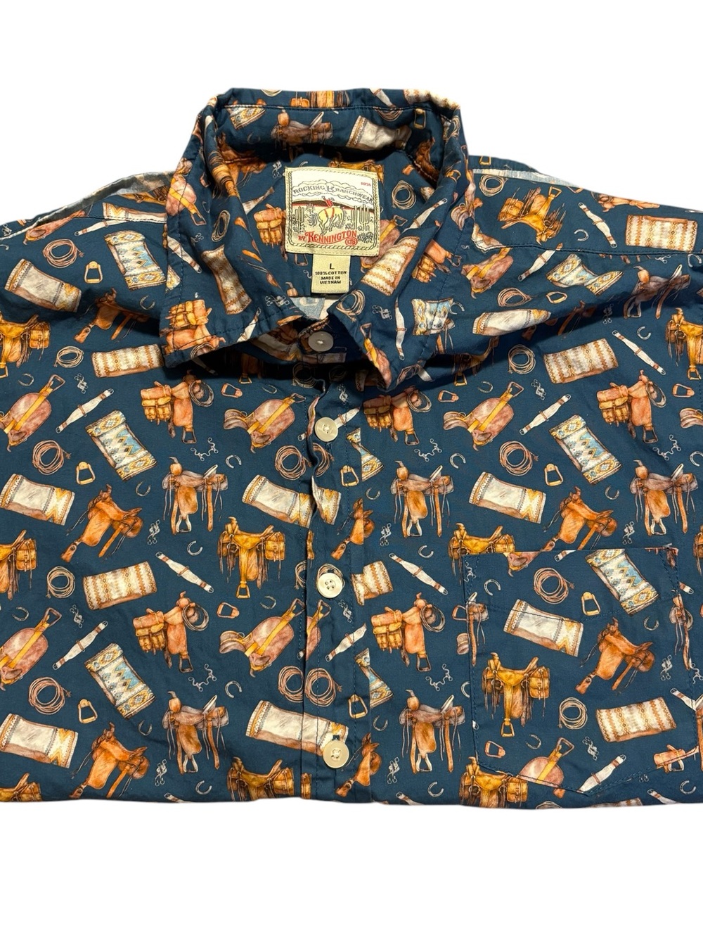 Rocking K Ranchwear Kennington Western Long Sleeve Cowboy Saddle Print Size L